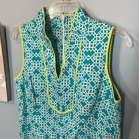 Vince Camuto Teal and White Patterned Sheath Dress with lime trim - 6 🌻💙💙🌻 - Picture 5 of 10